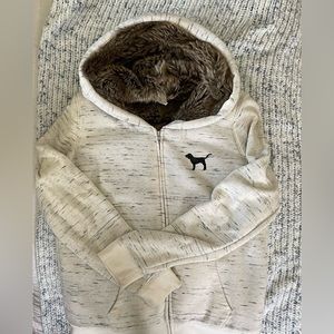 PINK Victoria’s Secret faux fur lined white hoodie with black sequins detailing